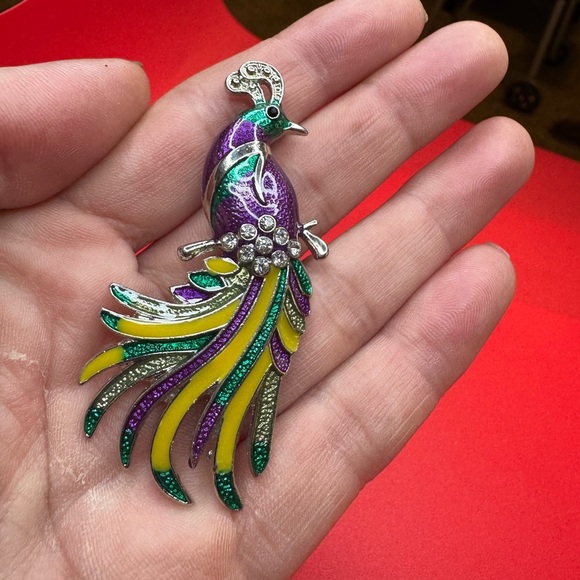 Jewelry - Vintage Peacock Enameled Brooch Pin w/Purple, Yellow and Green-Clear Rhinestones